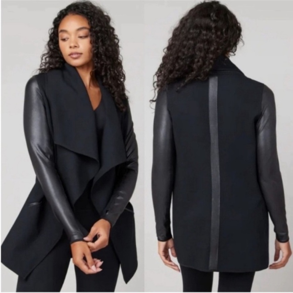 Spanx Jacket Faux Leather Convertible Drape Front in Black